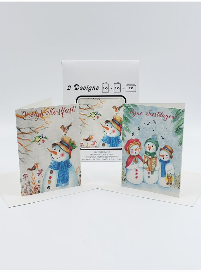 Kerstkaarten tasje 20x sneeuwmannen (F13092 + F13093)