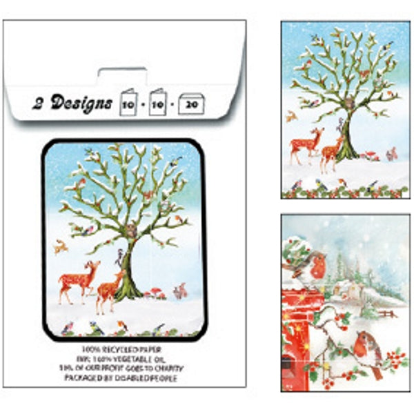 Kerstkaarten tasje 20x vogels en dieren (F13097 + F13098)