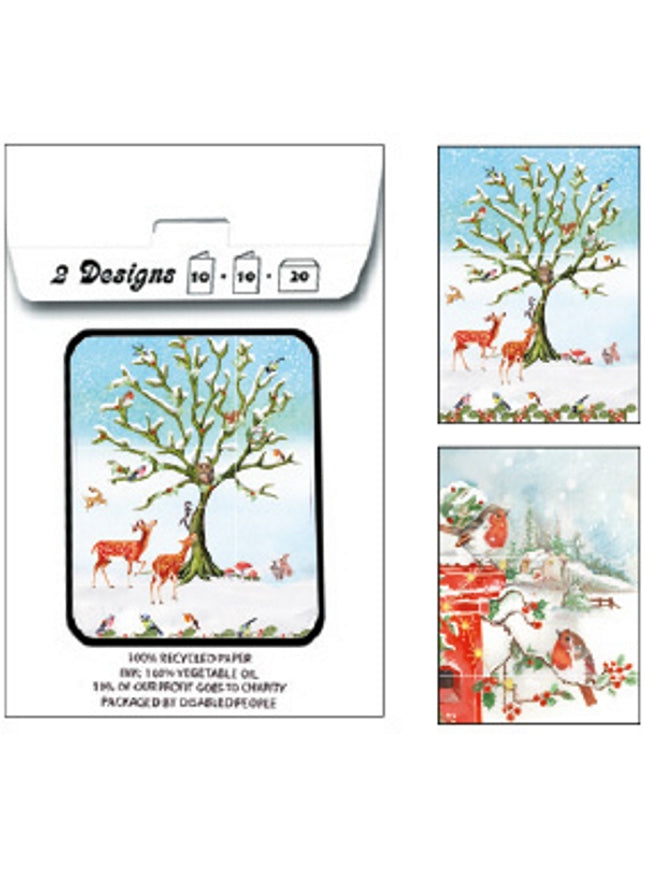 Kerstkaarten tasje 20x vogels en dieren (F13097 + F13098)