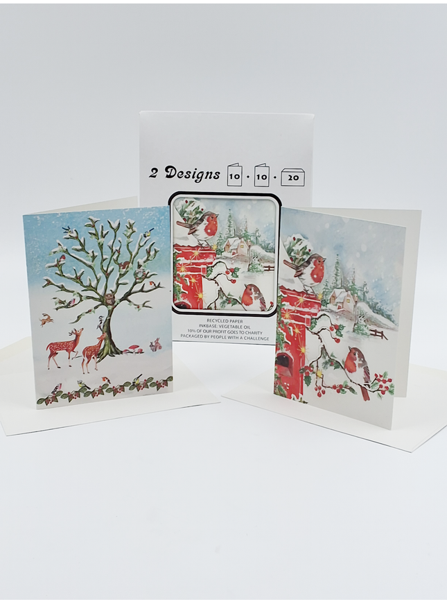 Kerstkaarten tasje 20x vogels en dieren (F13097 + F13098)