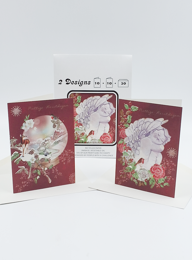 Kerstkaarten tasje 20x dieren en engel (F13099 + F13100)