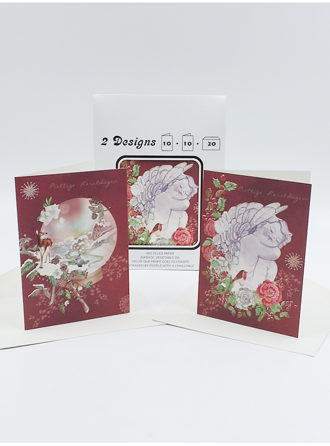 Kerstkaarten tasje 20x dieren en engel (F13099 + F13100)