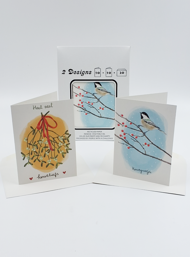 Kerstkaarten tasje 20x kerstgroetjes en liefs (F13105 + F13106)