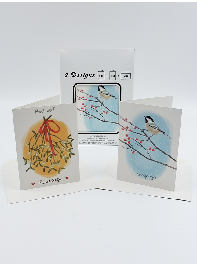 Kerstkaarten tasje 20x kerstgroetjes en liefs (F13105 + F13106)