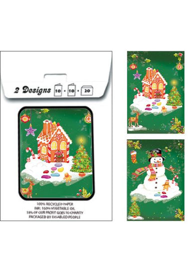 Kerstkaarten tasje 20x kerstman en huis (F13110 + F13109)