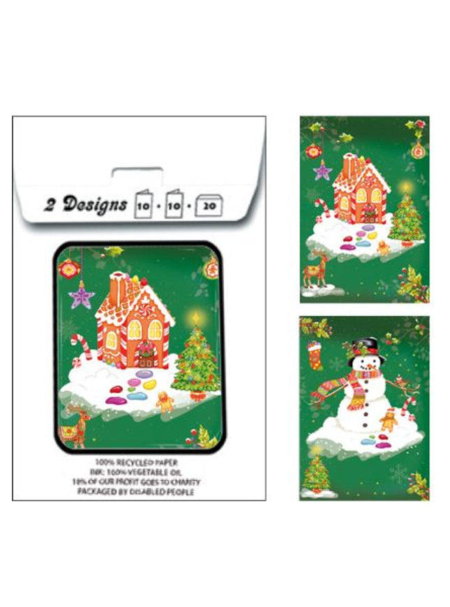 Kerstkaarten tasje 20x kerstman en huis (F13110 + F13109)