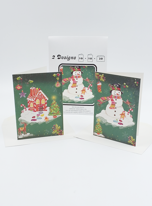 Kerstkaarten tasje 20x kerstman en huis (F13110 + F13109)