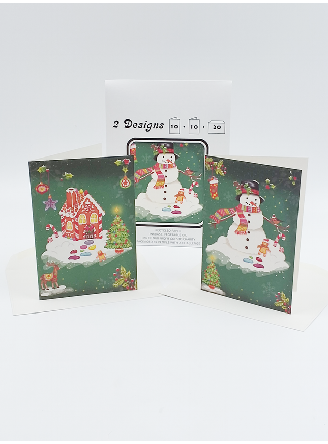 Kerstkaarten tasje 20x kerstman en huis (F13110 + F13109)