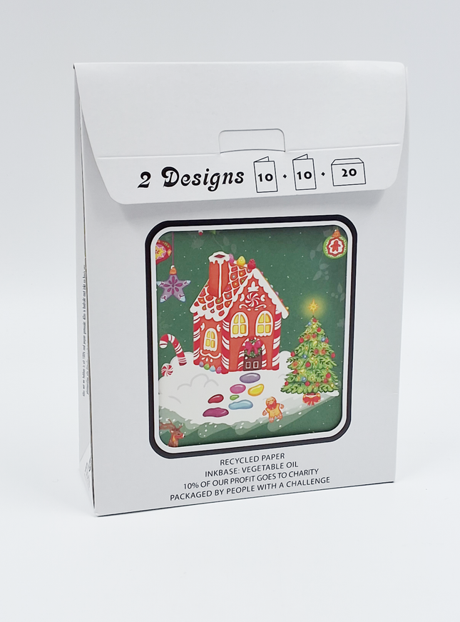 Kerstkaarten tasje 20x kerstman en huis (F13110 + F13109)