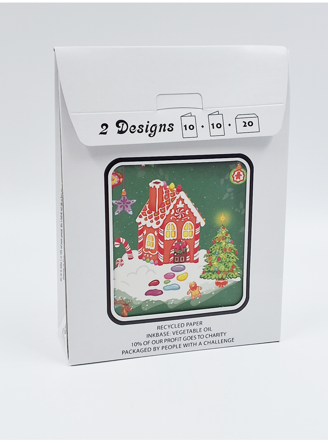 Kerstkaarten tasje 20x kerstman en huis (F13110 + F13109)