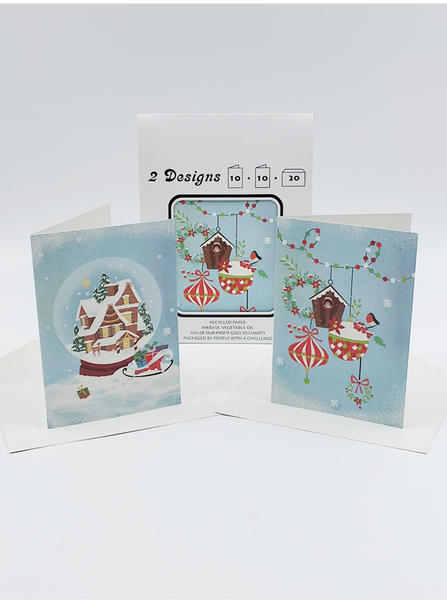 Kerstkaarten tasje 20x vogelhuisje en huizen (F13107 + F13108)