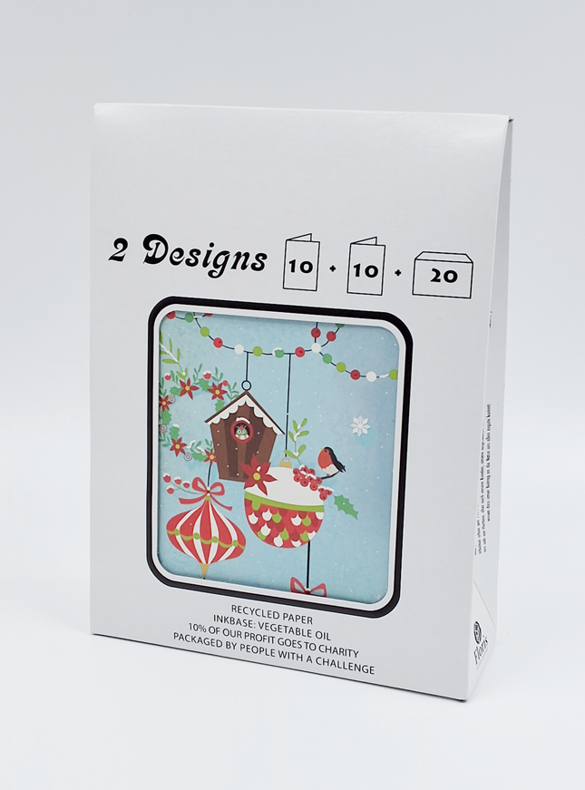 Kerstkaarten tasje 20x vogelhuisje en huizen (F13107 + F13108)