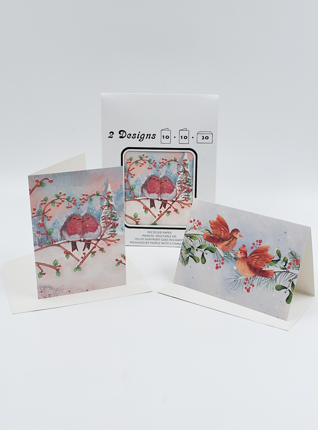 Kerstkaarten tasje 20x vogeltjes (F13114 + F13115)