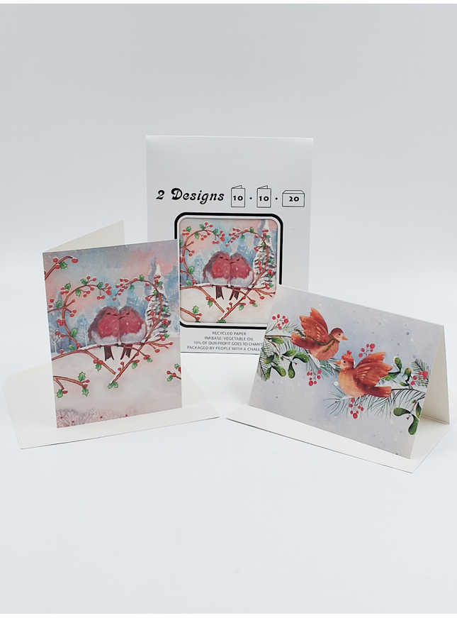 Kerstkaarten tasje 20x vogeltjes (F13114 + F13115)