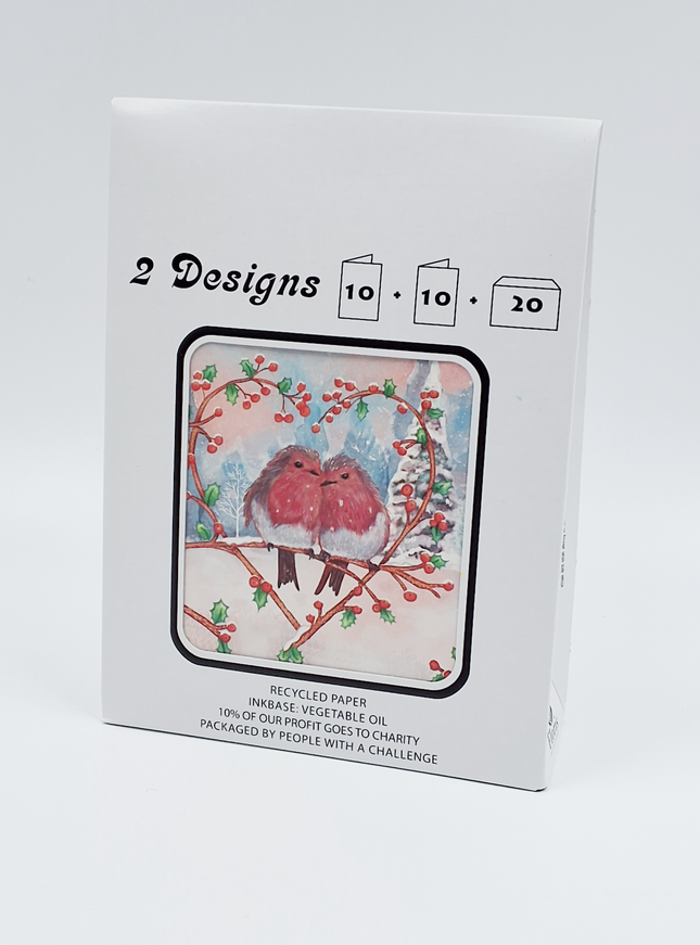 Kerstkaarten tasje 20x vogeltjes (F13114 + F13115)