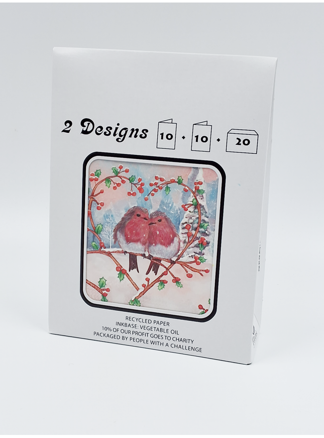 Kerstkaarten tasje 20x vogeltjes (F13114 + F13115)