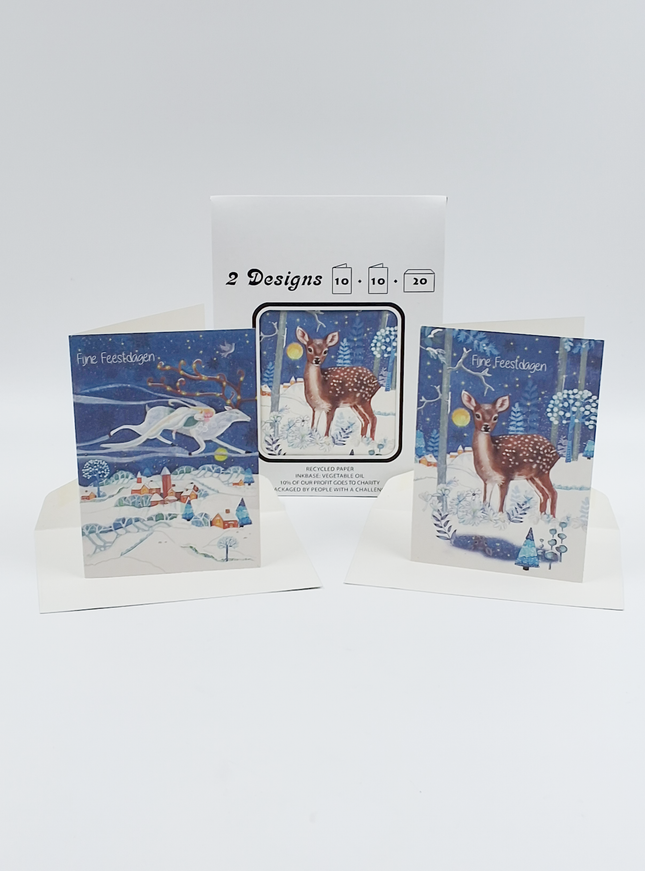 Kerstkaarten tasje 20x hertje fijne feestdagen (F13118 + F13119)