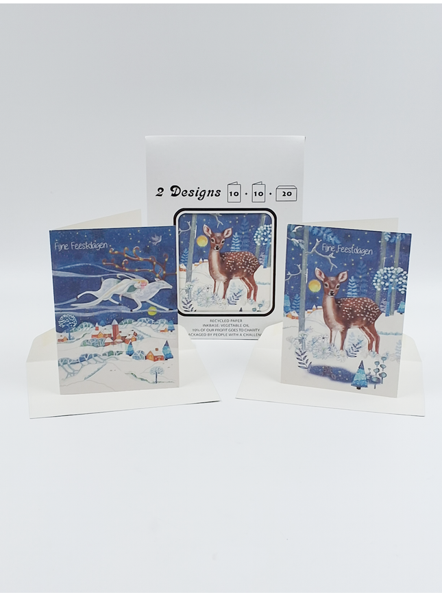 Kerstkaarten tasje 20x hertje fijne feestdagen (F13118 + F13119)