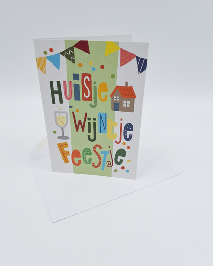 Wenskaart huisje, wijntje, feestje