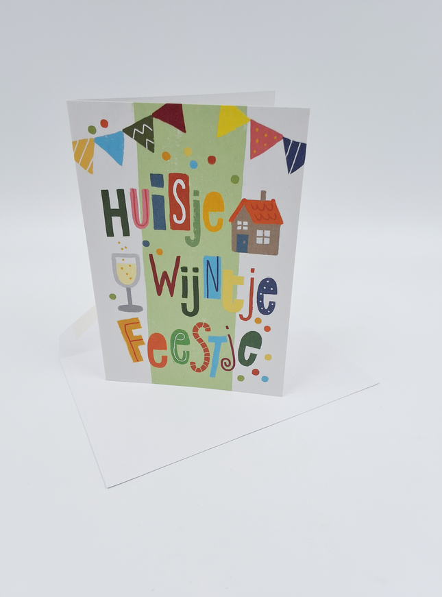 Wenskaart huisje, wijntje, feestje