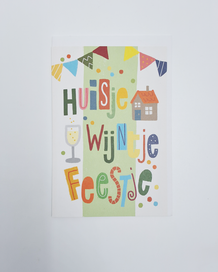 Wenskaart huisje, wijntje, feestje