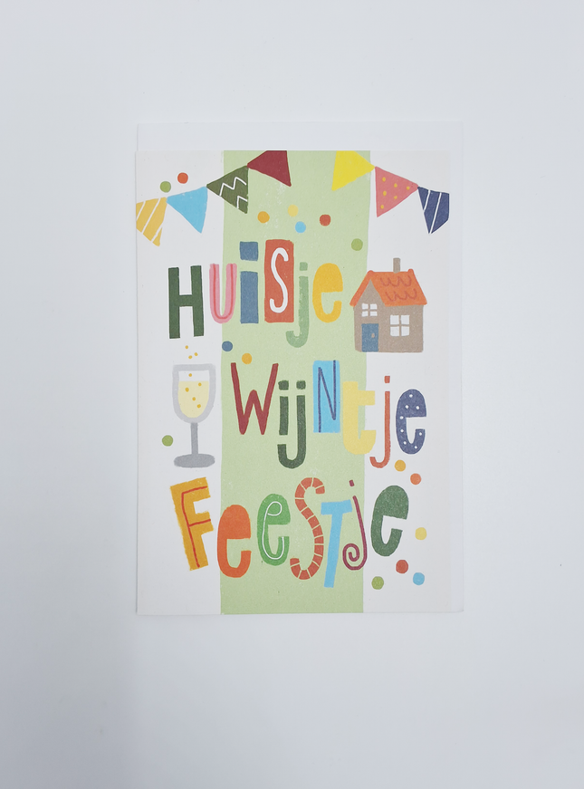 Wenskaart huisje, wijntje, feestje