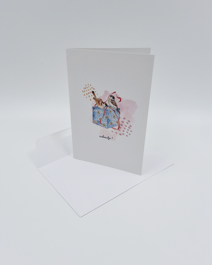wenskaart vogeltjes en cadeau