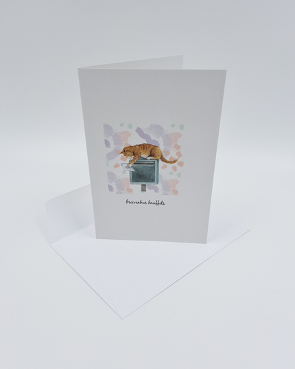 Wenskaart poes, brievenbus knuffels