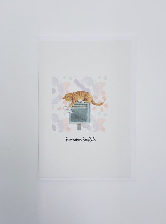 Wenskaart poes, brievenbus knuffels