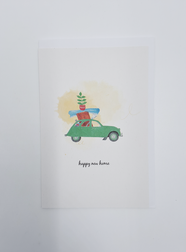 Wenskaart auto, happy new home