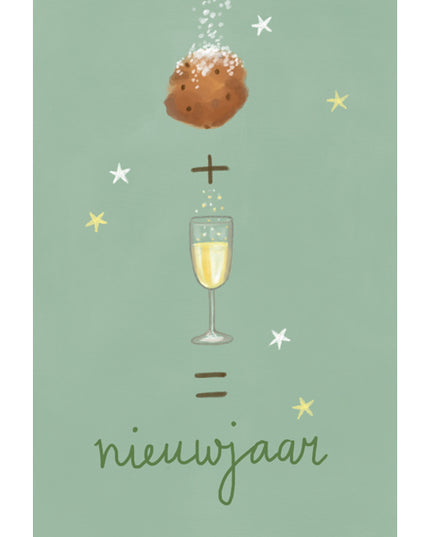 Kerst ansichtkaart oliebol en champagne (5x)