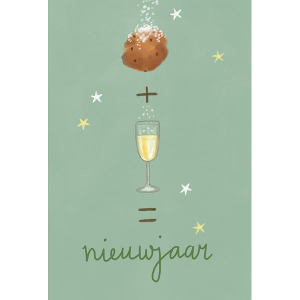 Kerst ansichtkaart oliebol en champagne (5x)