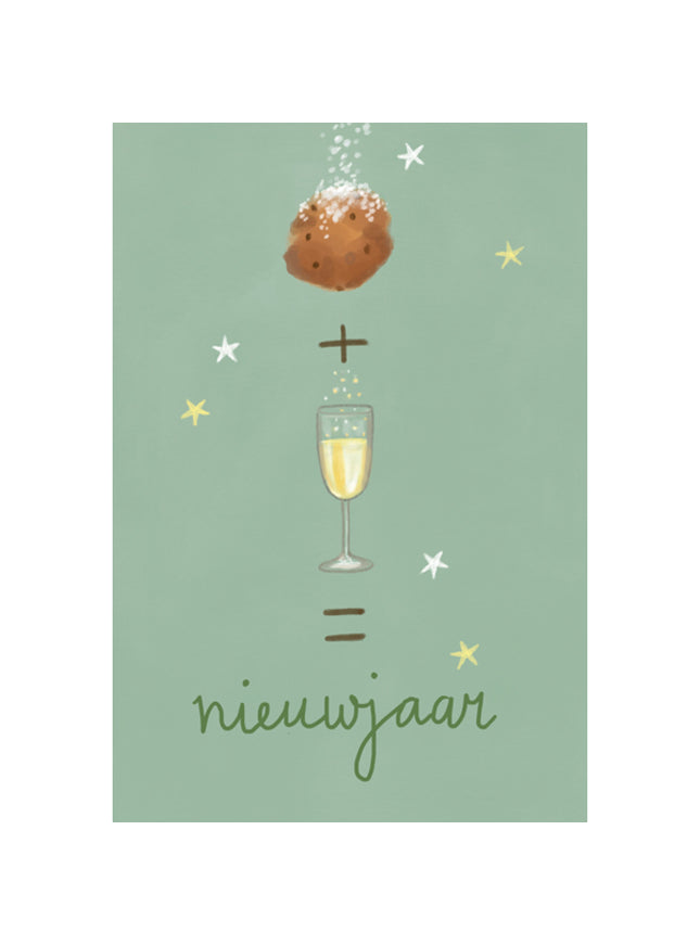 Kerst ansichtkaart oliebol en champagne (5x)