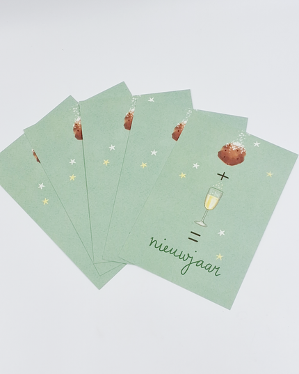 Kerst ansichtkaart oliebol en champagne (5x)