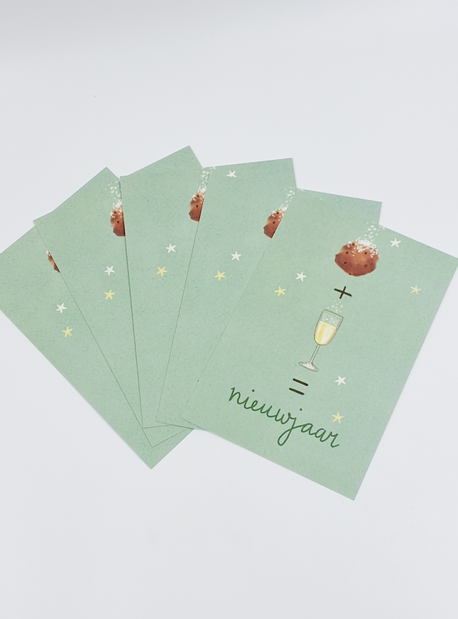 Kerst ansichtkaart oliebol en champagne (5x)