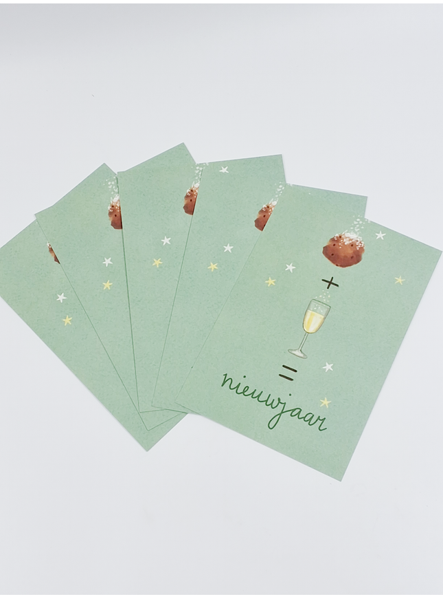 Kerst ansichtkaart oliebol en champagne (5x)