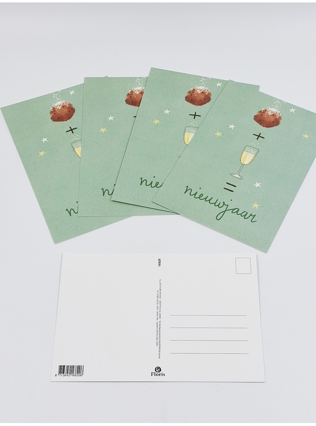 Kerst ansichtkaart oliebol en champagne (5x)