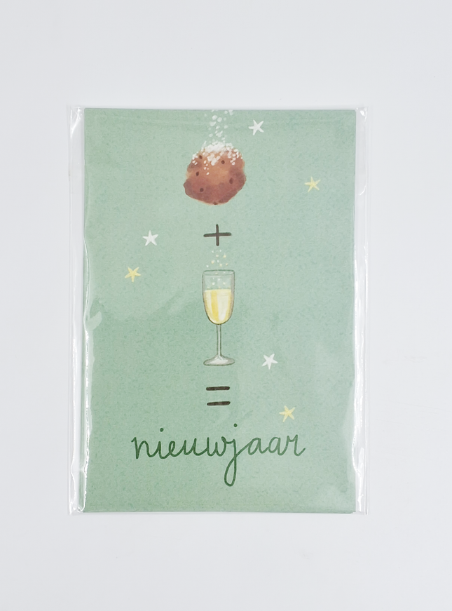 Kerst ansichtkaart oliebol en champagne (5x)