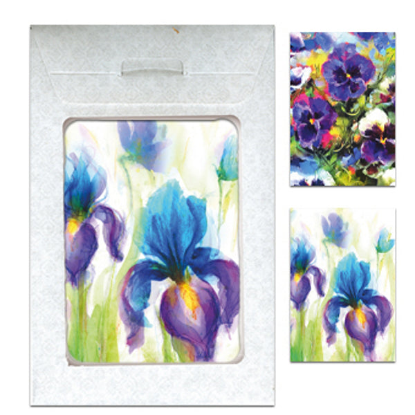 Wenskaarten tasje 6x bloemen iris (F11033 + F11039)