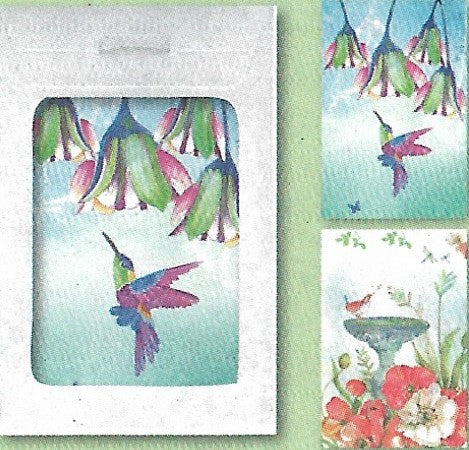 Wenskaarten tasje 6x kolibri en vogel op fontijn (F10058 + F10061)