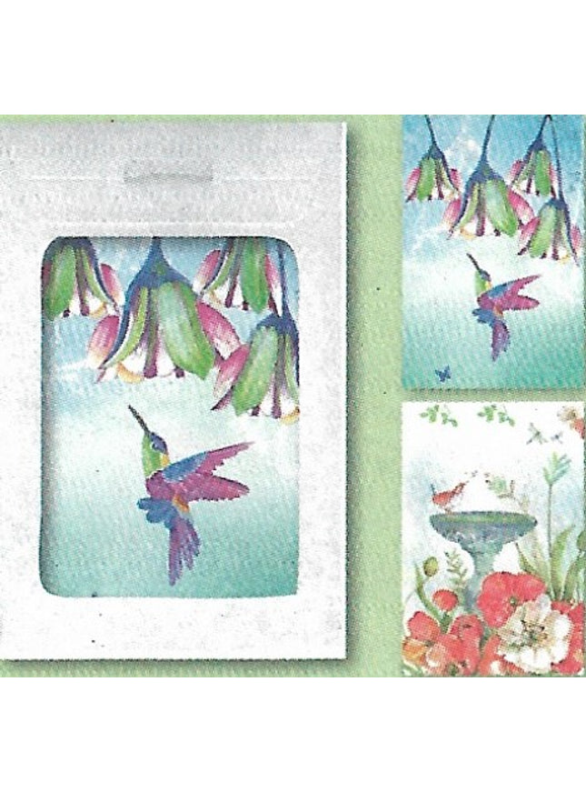 Wenskaarten tasje 6x kolibri en vogel op fontijn (F10058 + F10061)