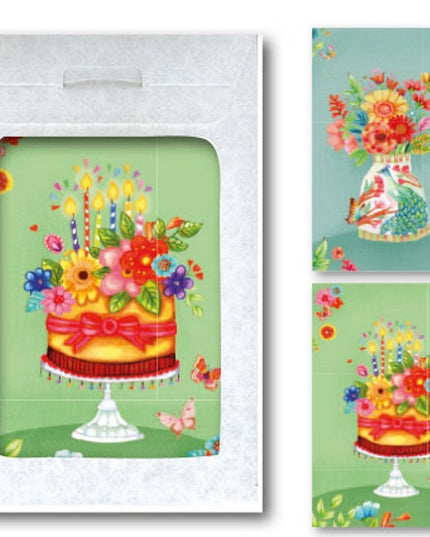Wenskaarten tasje 6x taart en gekleurde vaas (F10040 + F10039)