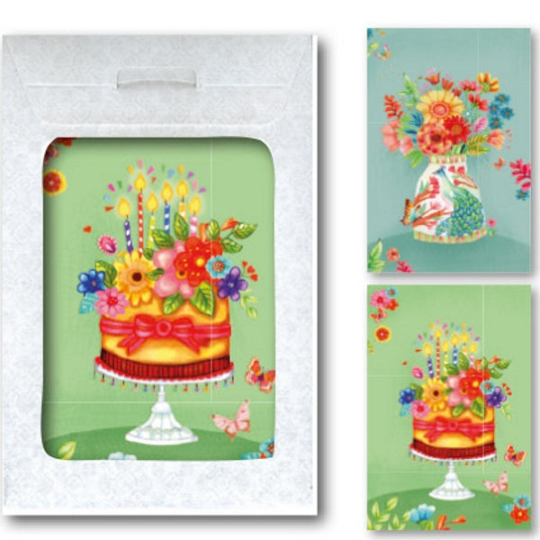 Wenskaarten tasje 6x taart en gekleurde vaas (F10040 + F10039)