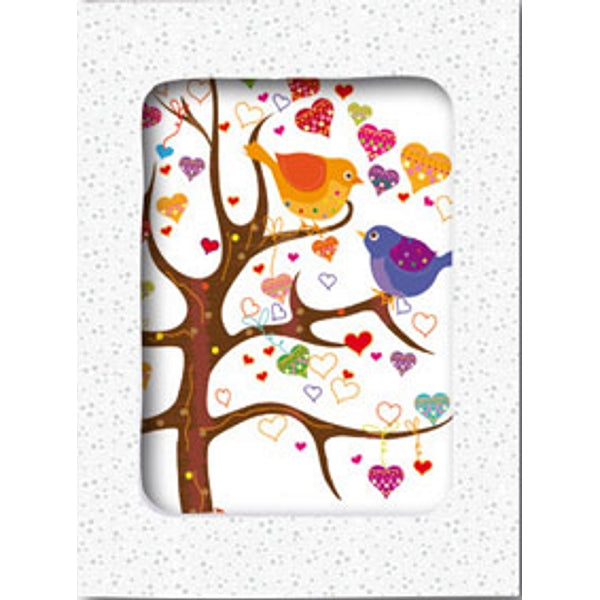 Wenskaarten doosje 5x boom vogels hartjes (F11086)