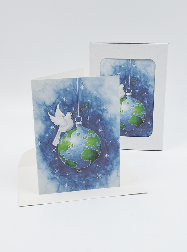 Kerstkaarten doosje 10x duif kerstbal (F11999)