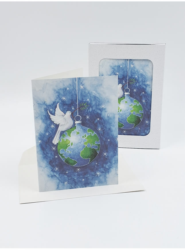 Kerstkaarten doosje 10x duif kerstbal (F11999)