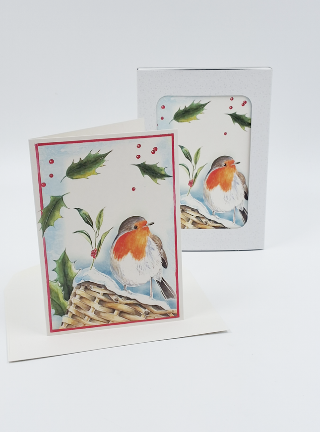 Kerstkaarten doosje 10x roodborstje hulst (F12881)