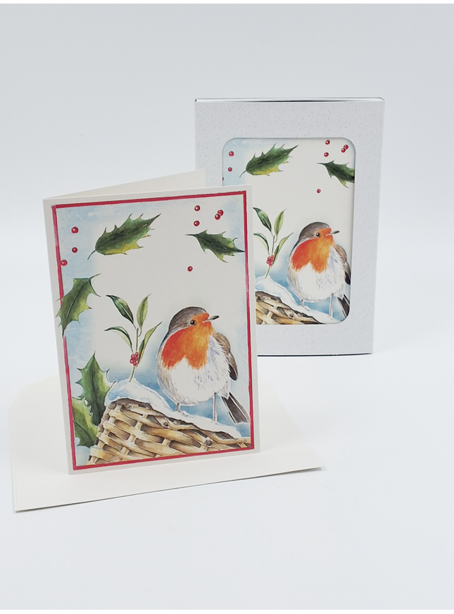 Kerstkaarten doosje 10x roodborstje hulst (F12881)