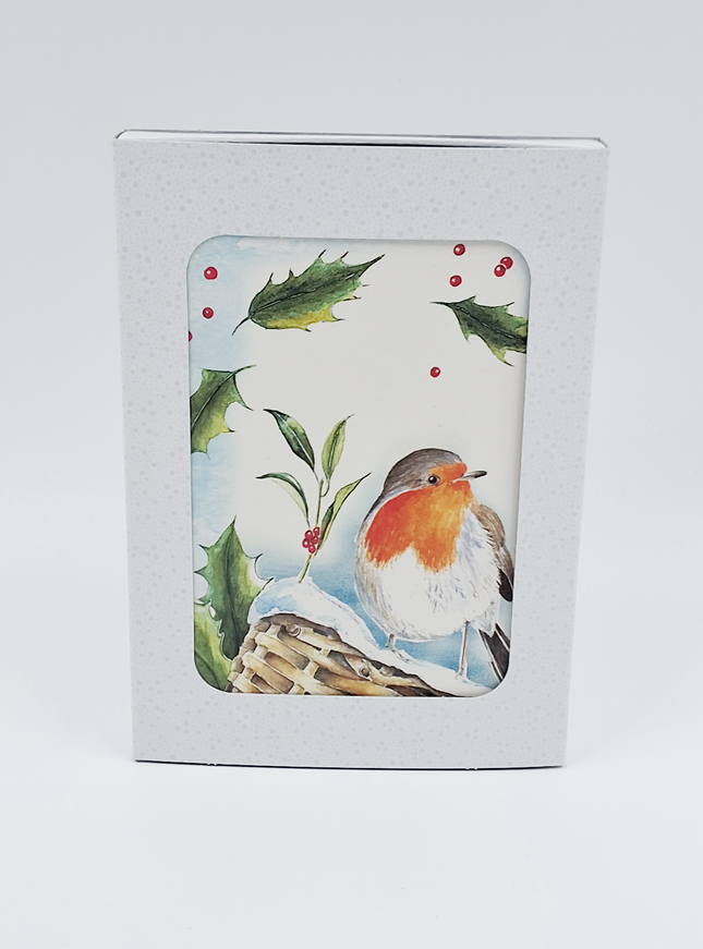 Kerstkaarten doosje 10x roodborstje hulst (F12881)