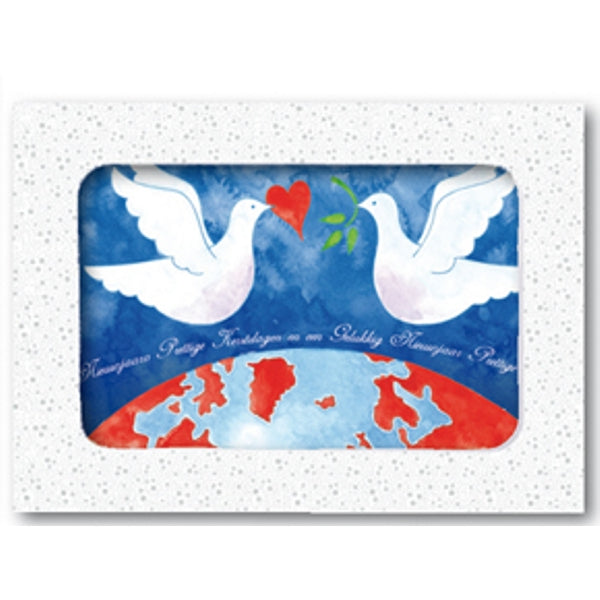 Kerstkaarten doosje 10x 2 duiven aardbol (F12888)